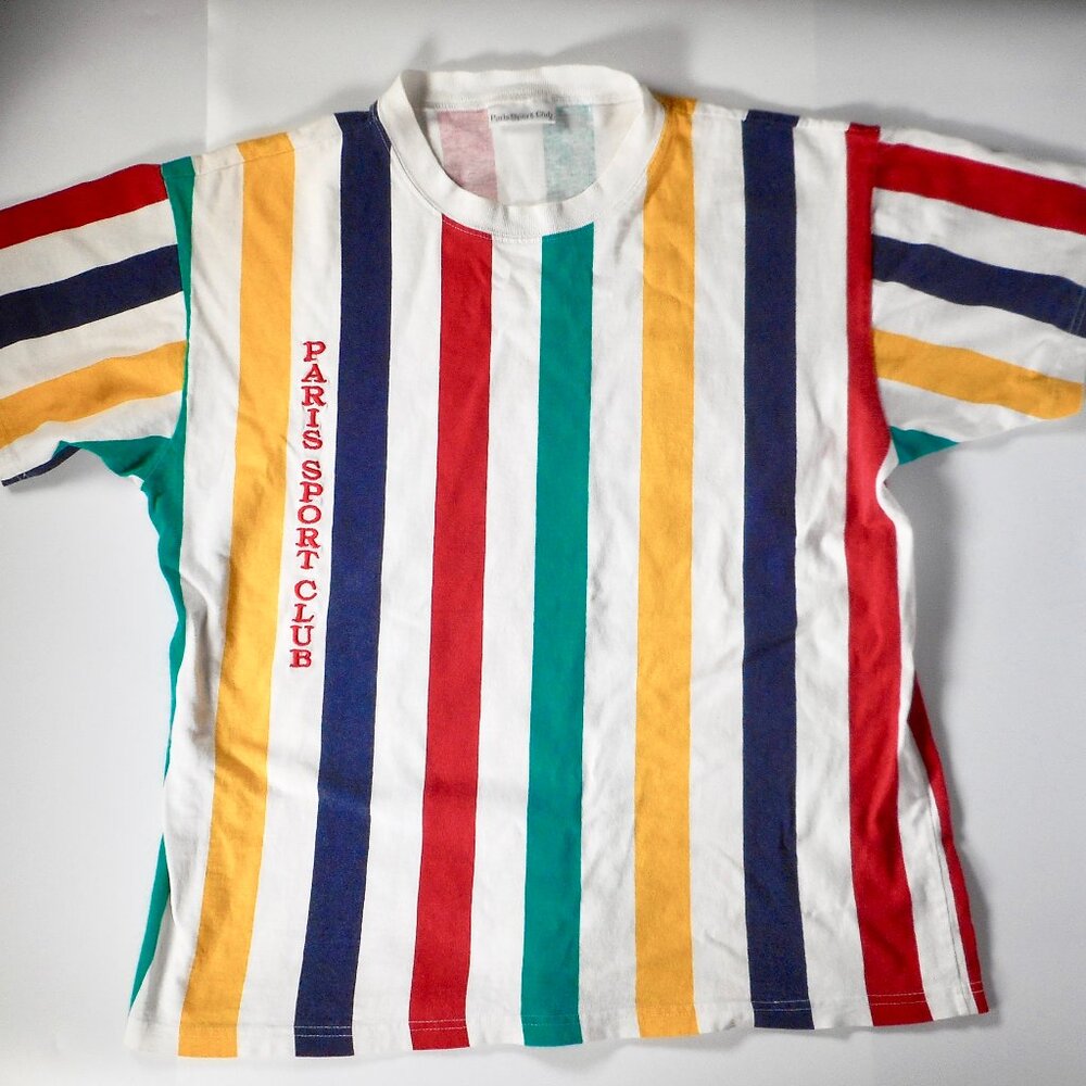 VTG 80s 90s Paris Sports Club L XL Logo Tshirt Surf Stripe White Red Yellow RARE